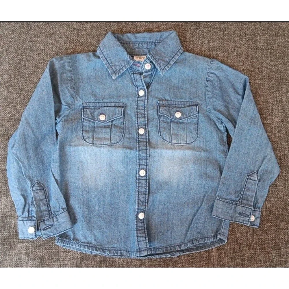 Carters Shirt Size 3T Denim Buttom Up Long Sleeve Blue